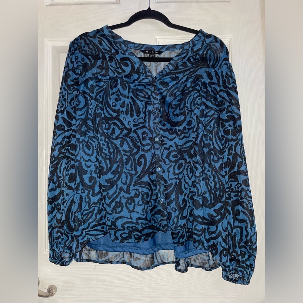 Zac & Rachel Blue and Black Patterned Lightweught Sheer Blouse Large